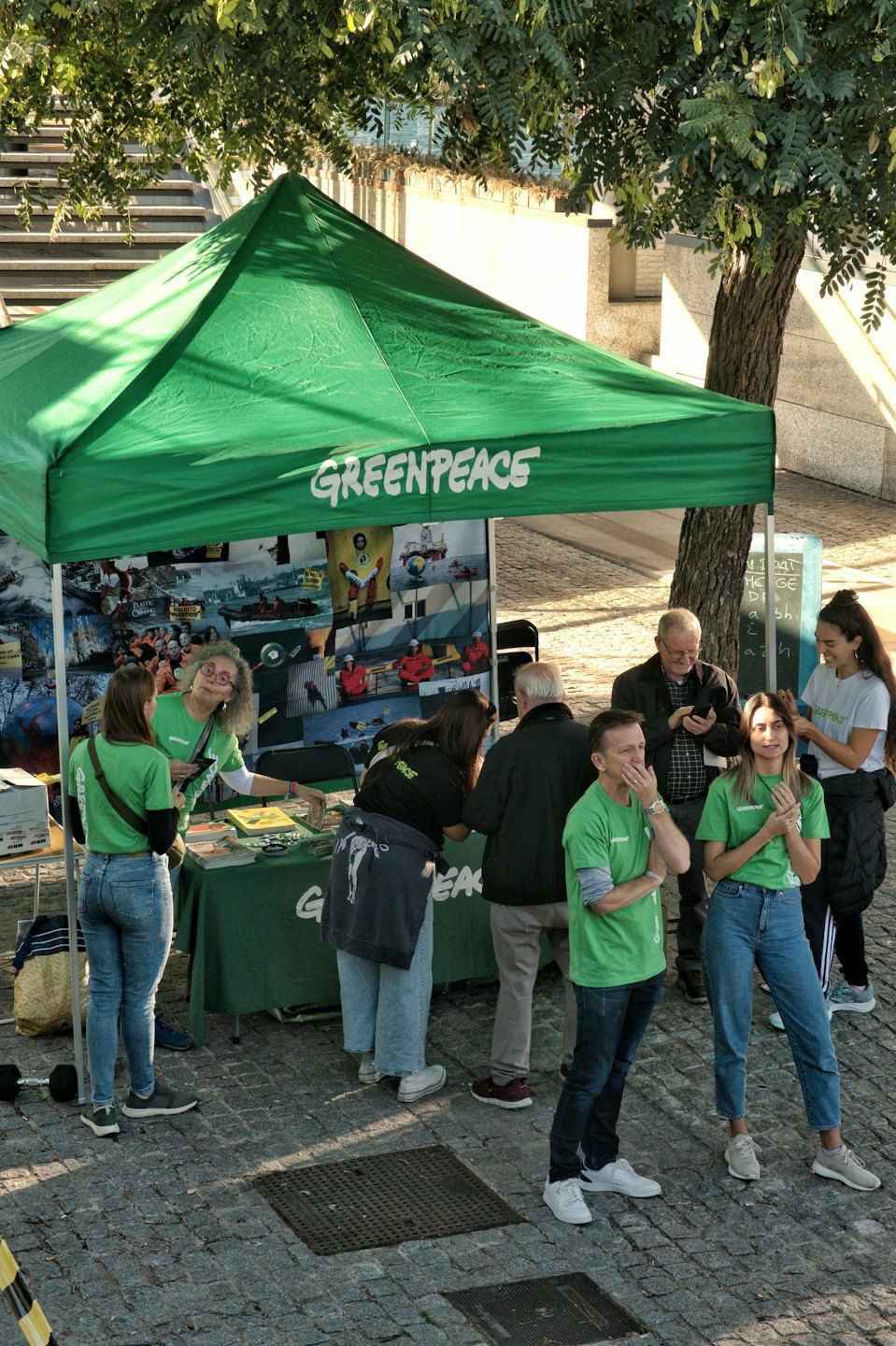 Volontari in piedi a uno stand informativo verde di Greenpeace all'aperto.